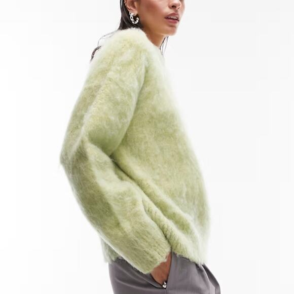 Topshop Knitted Fluffy Jumper Sweater Long Sleeve Crewneck Top Wool Green NWT 12 - Picture 2 of 9